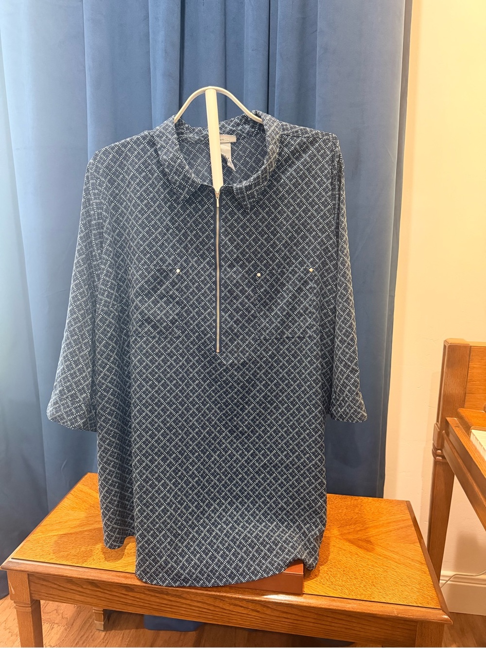 Catherines Blue Patterned Quarter-Zip Long Sleeve Shirt
